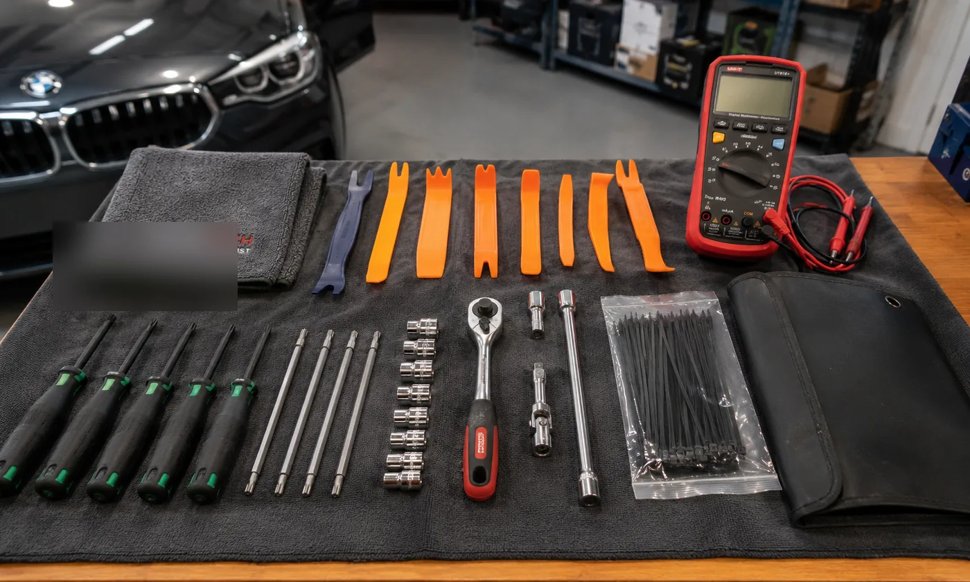 Trim removal tools, Torx tools, sockets and electrical test equipment prepared for installation