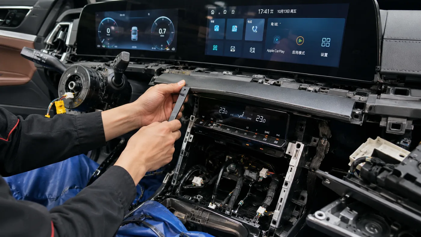 Car Electronics Installation Difficulty: Can You Install It Yourself? 3 Professional iKAGOO dual-screen cockpit installation with multiple dashboard sections removed