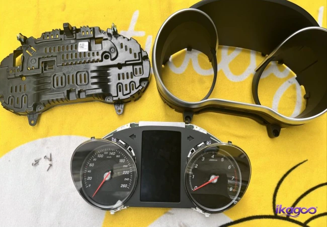 Original Mercedes cluster rear cover, front bezel and gauge assembly separated