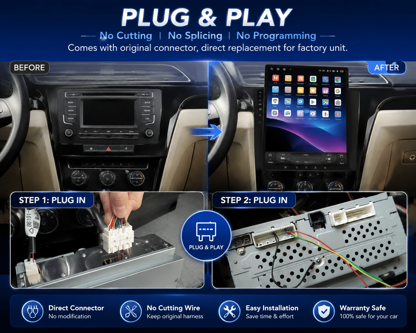 Ford F-150 vertical screen radio plug and play connector and before after installation