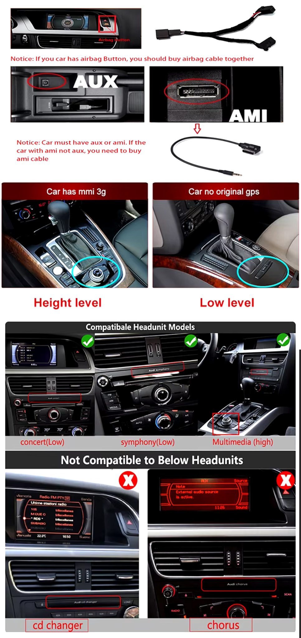Audi A4 A5 Android radio high low configuration AUX AMI airbag cable compatibility check