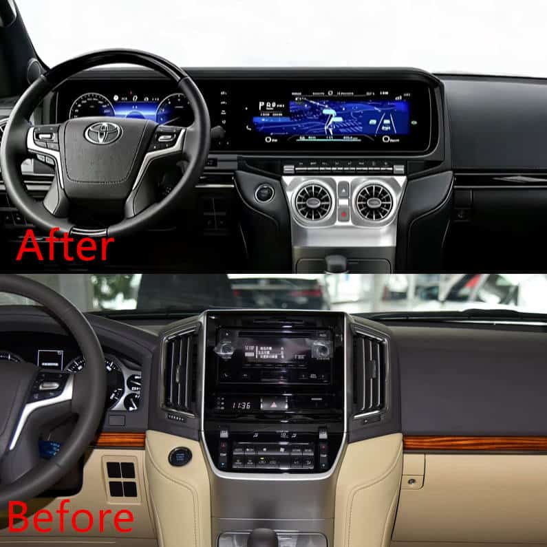 Toyota LC200 dashboard before and after dual-screen digital cockpit upgrade
