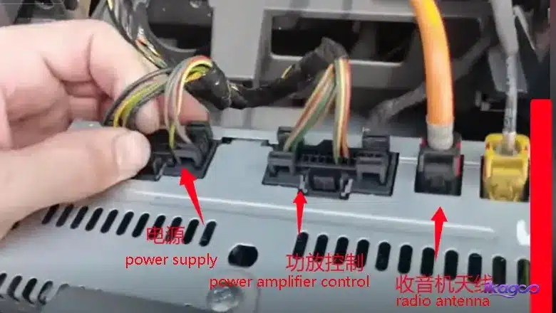 Close-up of Ford F-150 factory radio connectors