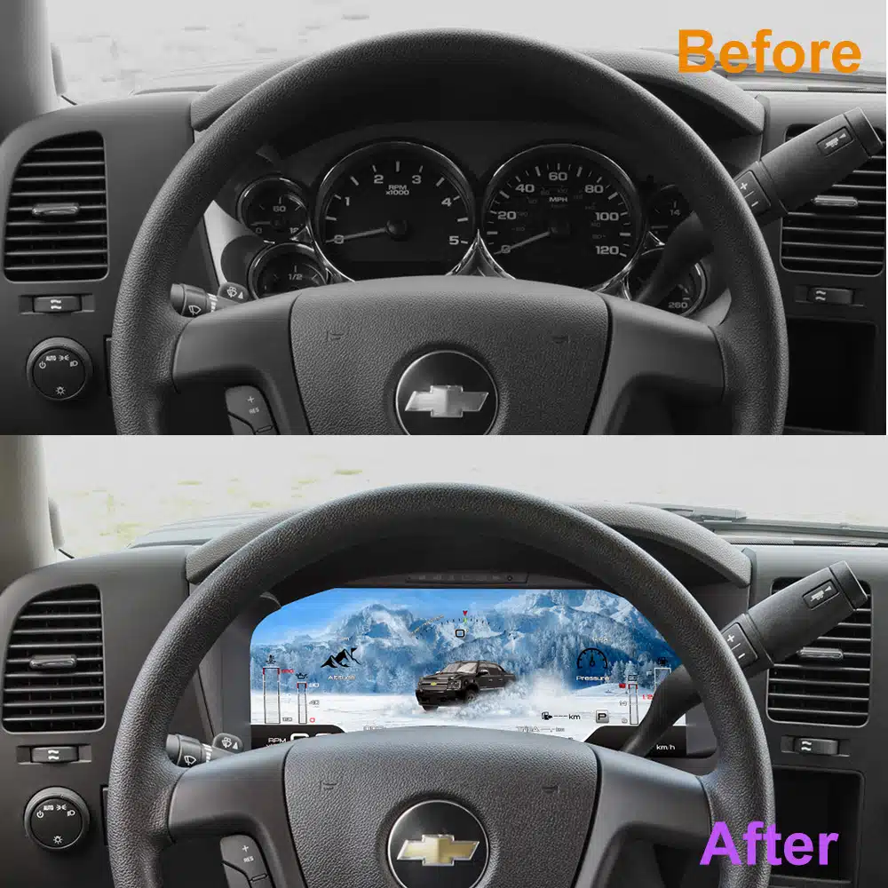 Chevrolet Silverado 2007-2013 original cluster versus 15.1-inch digital dash before and after installation