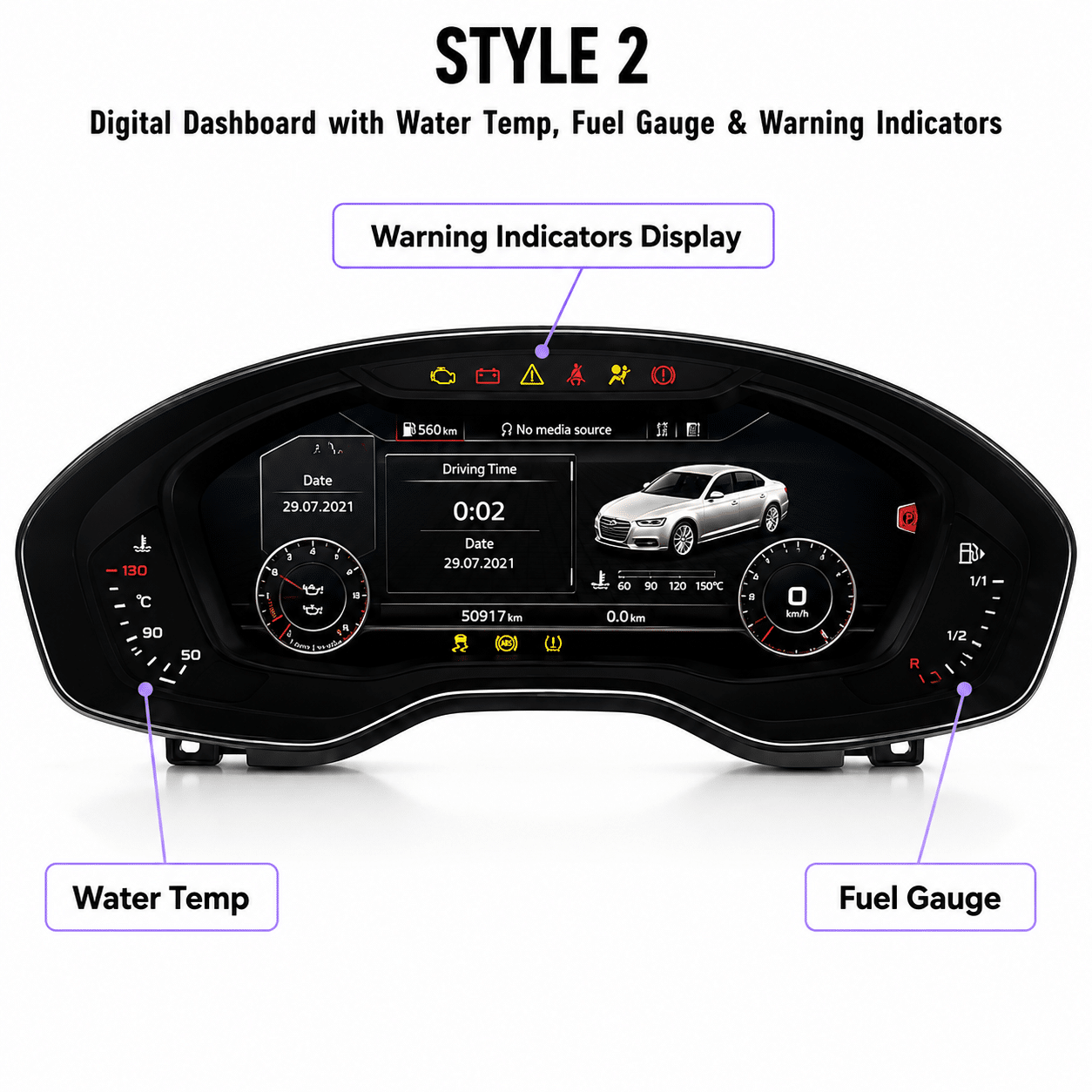 Style 2 digital instrument cluster with water temperature gauge, fuel gauge and warning indicators