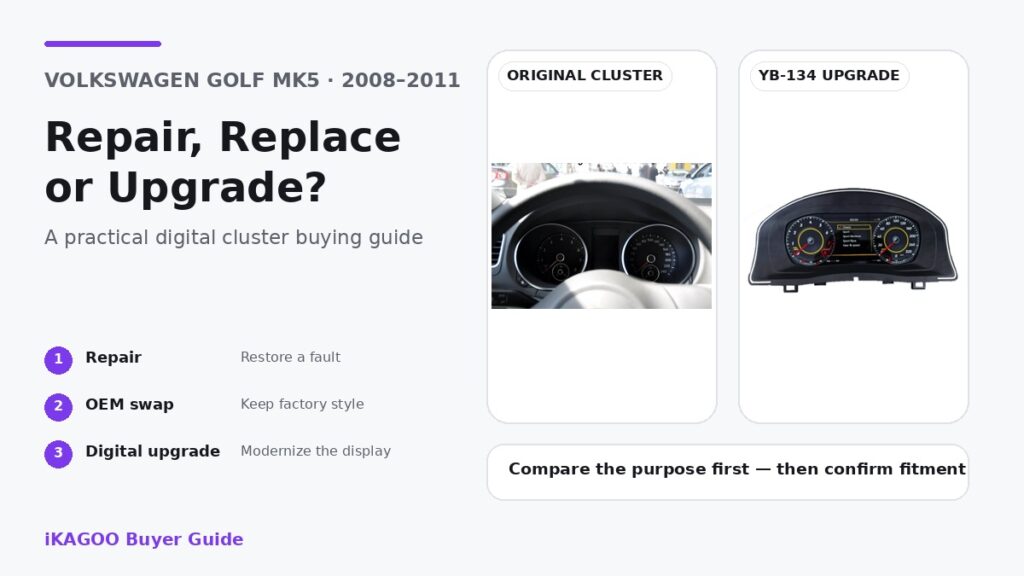 VW Golf MK5 original instrument cluster and YB-134 digital cluster upgrade buying guide