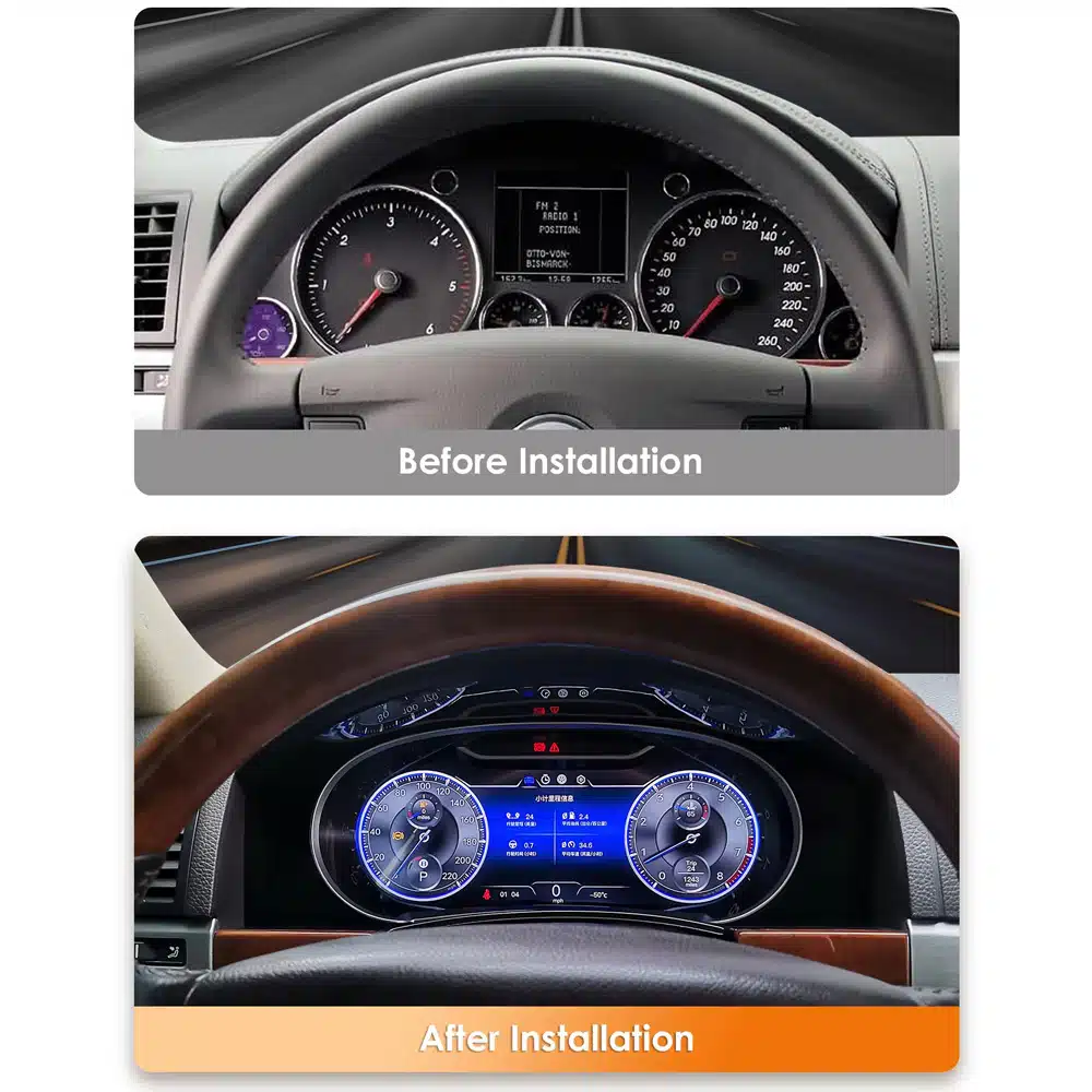 VW Touareg 2003-2010 original analog cluster compared with 12.3 inch digital cluster