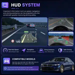 BMW X5 E70 digital cluster HUD system projecting speed navigation and driving assistance