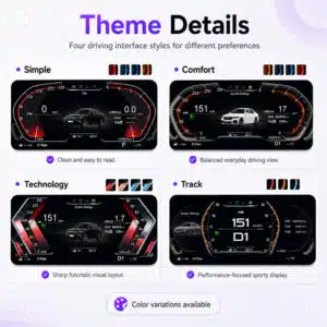 BMW X5 E70 digital cluster theme details with four driving interface styles