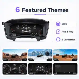 Digital dash display interface on 15.1-inch LCD showing featured themes and plug-and-play 6 UI interface options