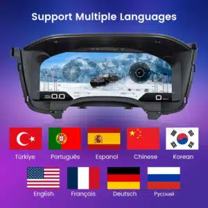 Digital dash screen on 15.1-inch LCD showing multiple language selection interface including English, Spanish, French and German