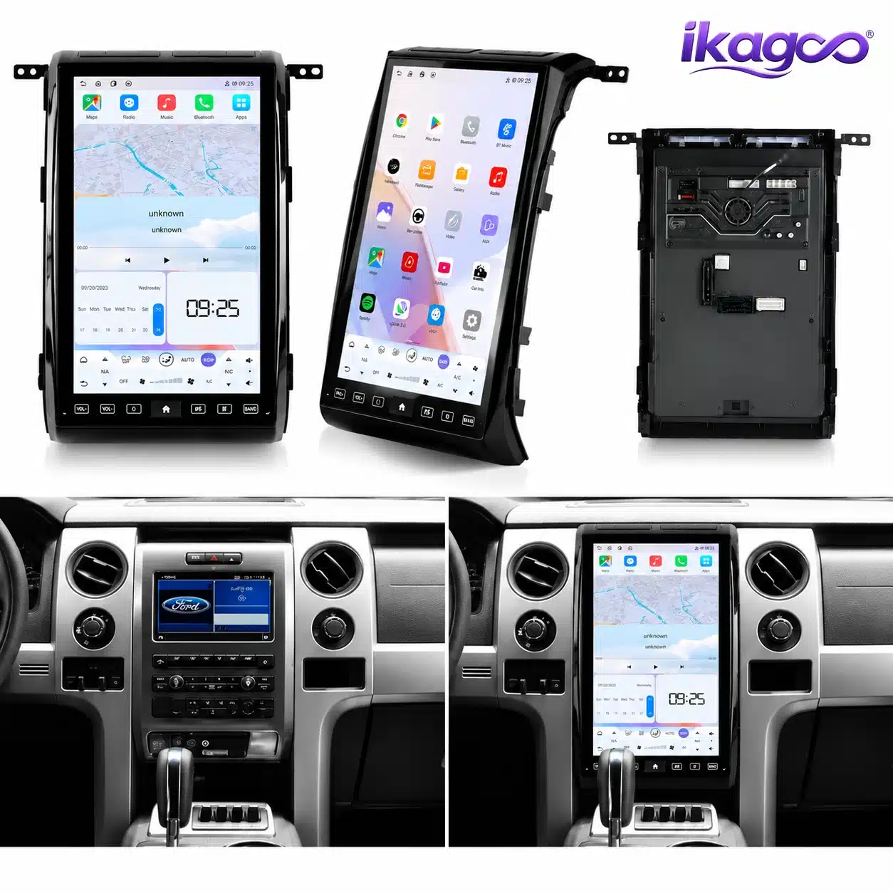Rádio Android para o Ford F150 com ecrã de 14,5 polegadas, vistas frontal e traseira