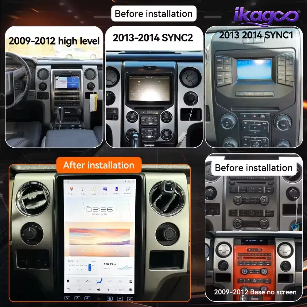 Comparação entre a instalação do sistema de áudio atualizado e o painel de instrumentos de série do Ford F150 2009-2014