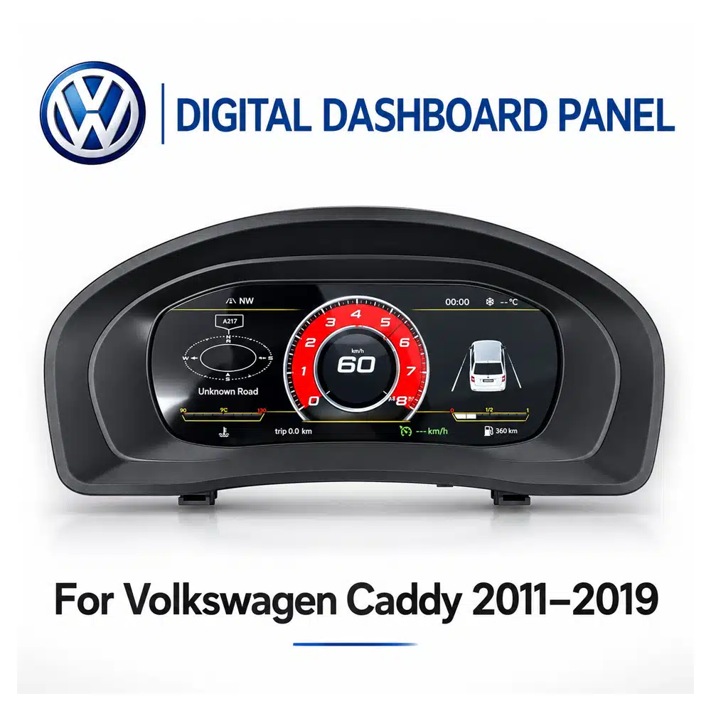 Original VW Caddy digital instrument cluster product photo showing the shared front appearance of the 2008–2010 and 2011–2019 versions