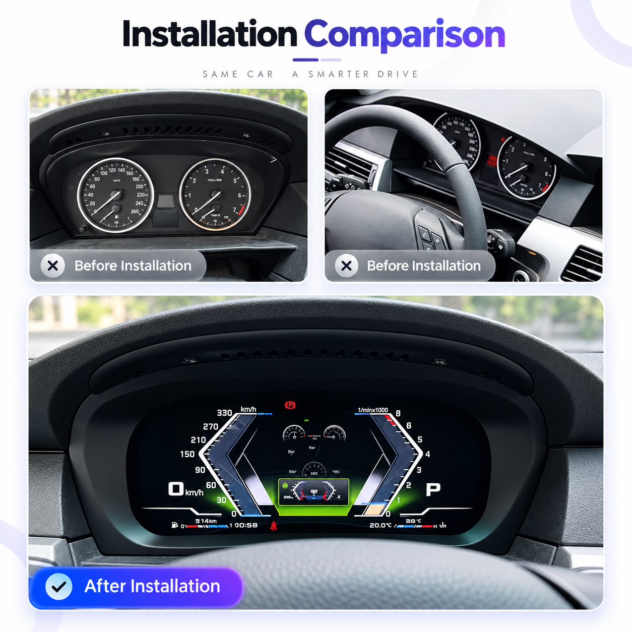 BMW 5 Series E60 E61 digital instrument cluster before and after upgrade
