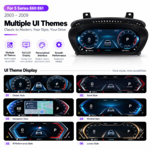 BMW E60 E61 digital instrument cluster showing multiple dashboard UI themes