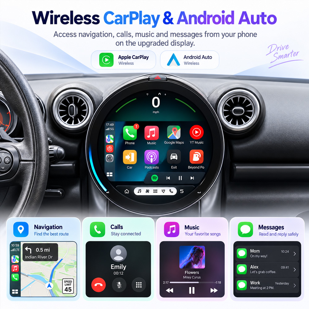 MINI R60 Android Head Unit wireless Apple CarPlay and Android Auto interface