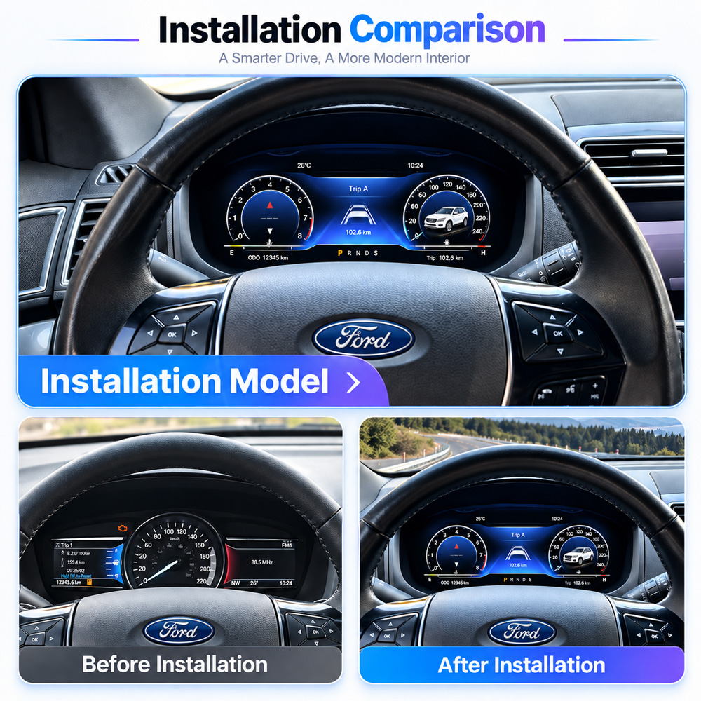 Ford Explorer Digital Instrument Cluster before and after installation comparison