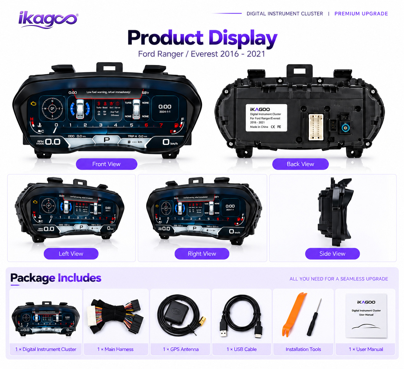 Ford Ranger Everest Digital Instrument Cluster front back side views and installation kit