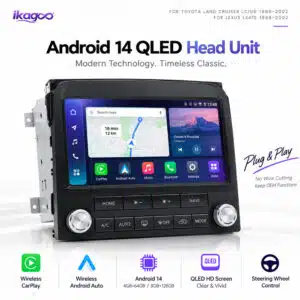 LC100 LX470 Android head unit feature collage with 360 camera support for 8GB 128GB version