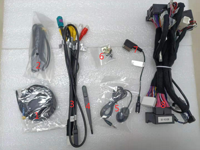 Mercedes W204 NTG4.5 Android screen cable guide showing GPS 4G RCA microphone AMI and power connections