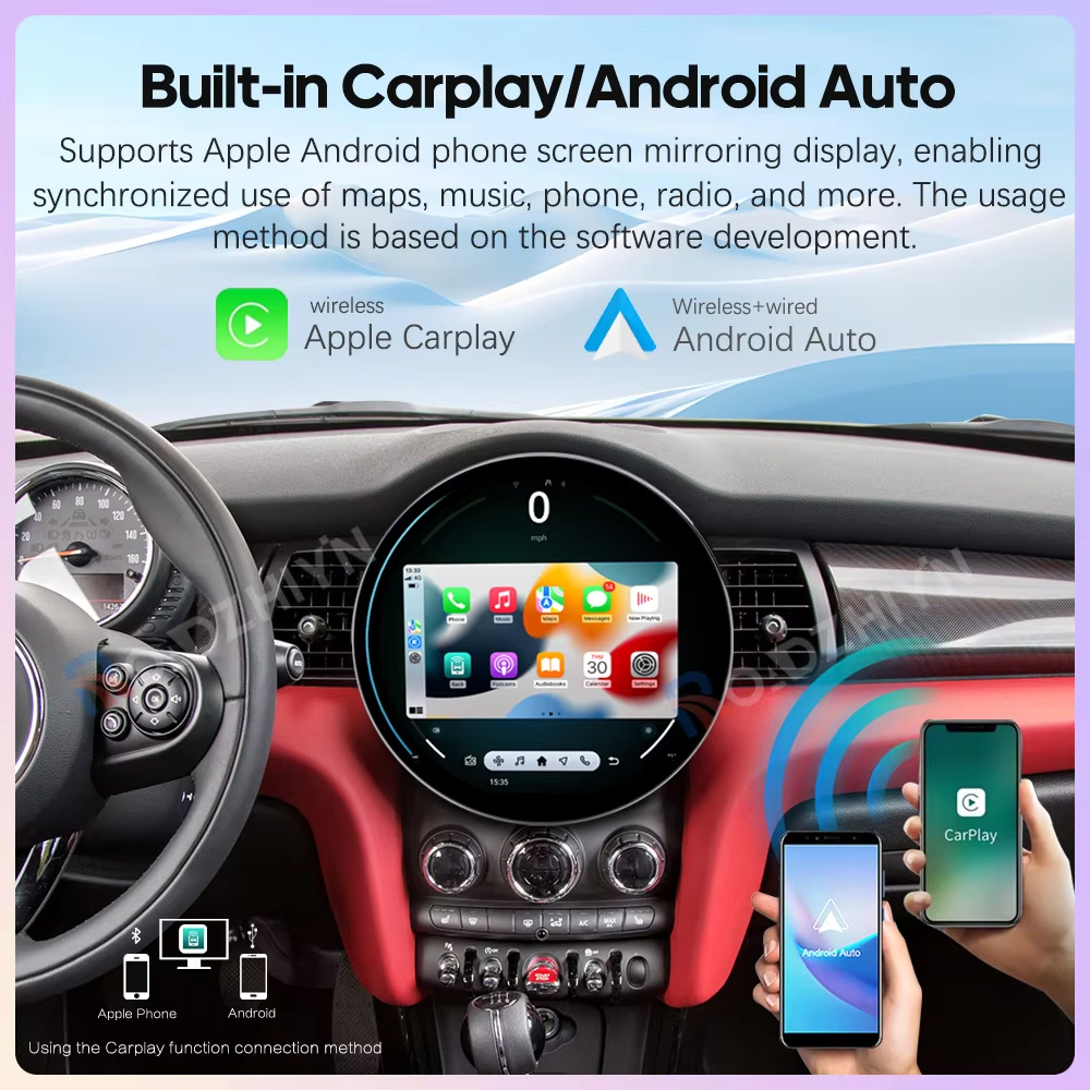 BMW MINI Android multimedia CarPlay interface on round 11.8 inch screen
