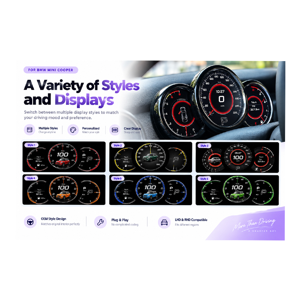 MINI Cooper F55 F56 F57 digital cluster multiple interface styles