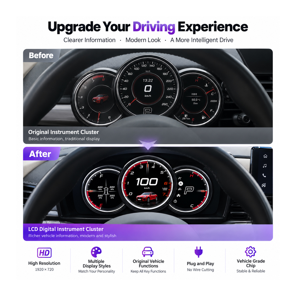 MINI Cooper original cluster compared with digital instrument cluster upgrade