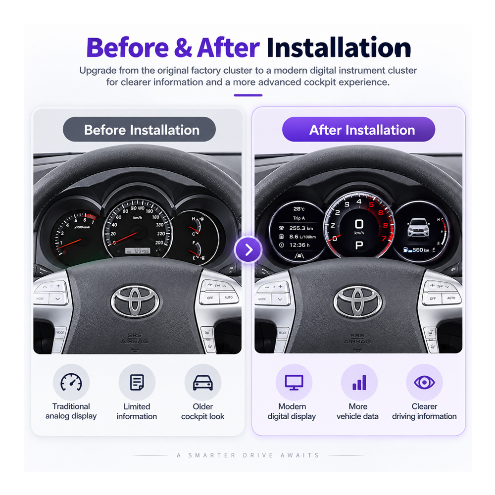 Hilux N70 Digital Dash 2005-2015 before and after digital instrument cluster