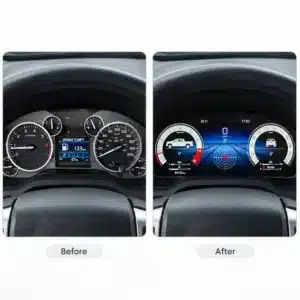 Before-and-after comparison image showing the original Toyota Tundra gauge cluster next to the upgraded digital cluster