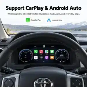 Toyota Tundra dashboard view showing the digital cluster with Apple CarPlay and Android Auto app icons displayed.