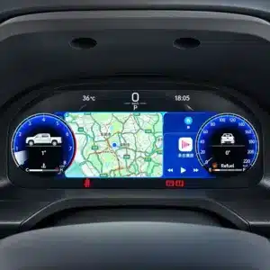 Toyota Tundra digital cluster installed in the dashboard, showing a central map/navigation display between two circular