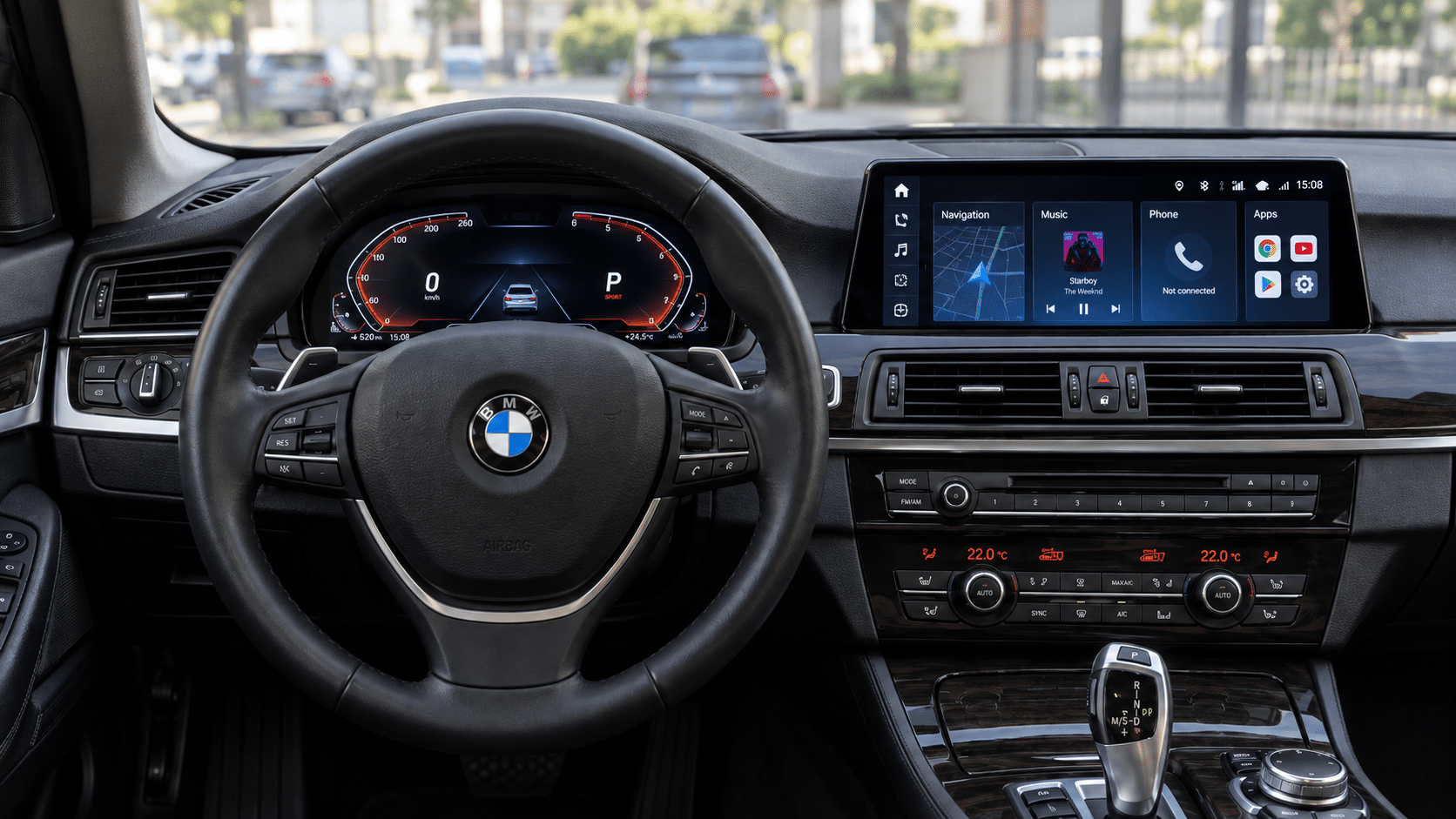 BMW F10 Dashboard Upgrade concept showing a digital instrument cluster and modern Android infotainment screen