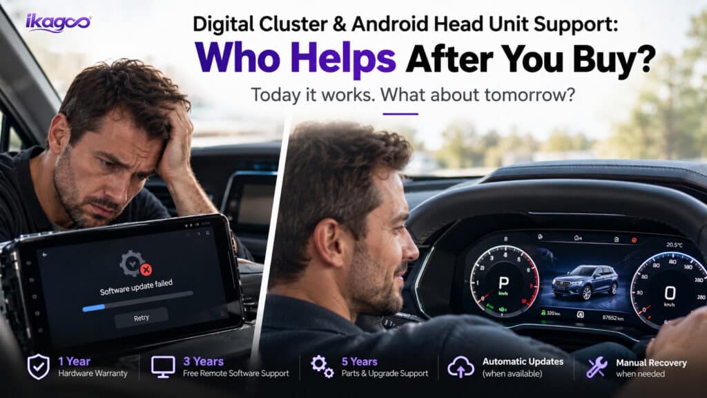 Long-Term Car Electronics Support buyer comparison of six real customer chat cases and iKAGOO 1-year hardware 3-year software 5-year parts support