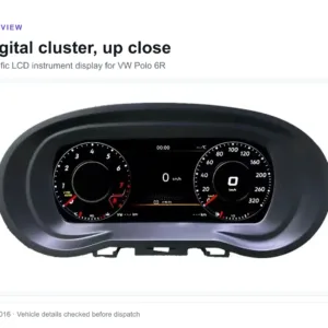 VW Polo 6R digital instrument cluster shown in original housing, LCD speedometer front view