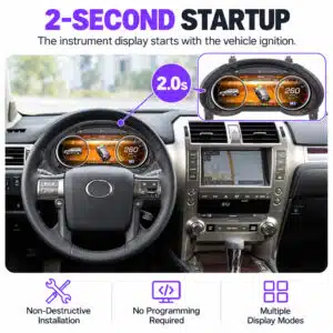Lexus GX460 promotional dashboard installation and startup graphic featuring original instrument panel