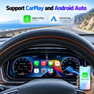 Promotional image depicting Apple CarPlay and Android Auto dashboard interfaces on a Lexus GX460 digital cluster
