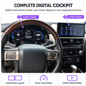 Lexus GX460 interior showing the installed digital instrument cluster behind the steering wheel and central infotainment display