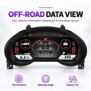 Lexus GX digital dashboard illustrating off-road vehicle information, tire pressure and steering angle