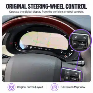 Lexus GX instrument upgrade shown behind original steering wheel with a steering-wheel-button close-up