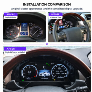 Lexus GX460 factory instrument cluster compared with the installed digital dashboard from the driver seat