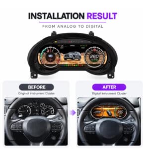 Before-and-after comparison of factory Lexus GX analog gauges and digital cluster upgrade