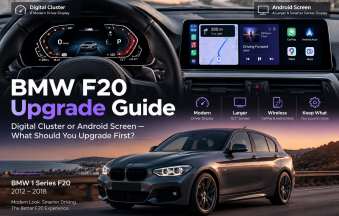 BMW F20 Upgrade Guide comparing digital cluster and Android screen cockpit upgrades